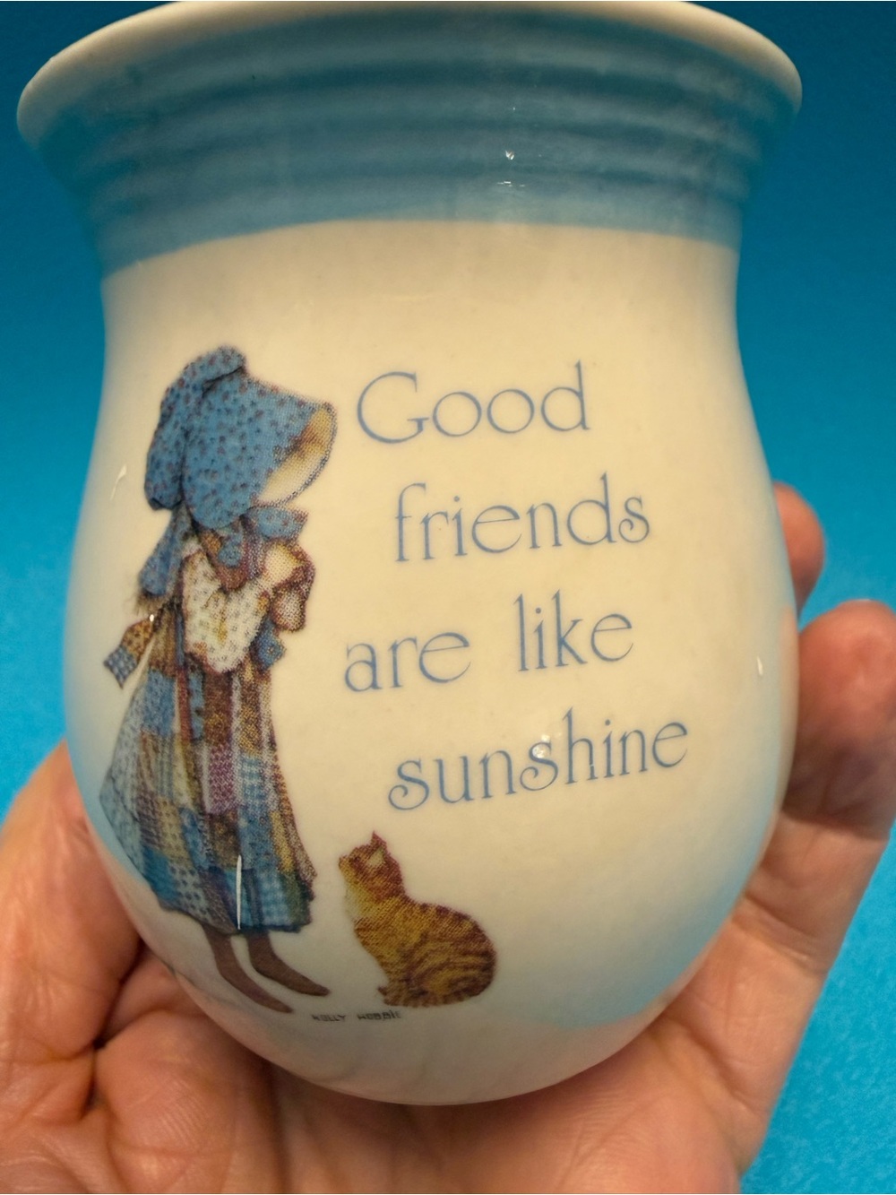 Vintage Holly Hobbie Blue Girl Stoneware Vase Good Friends